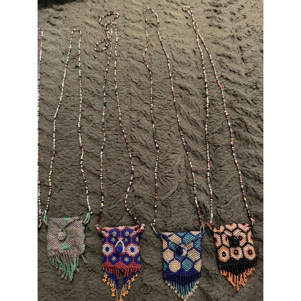 Vintage Hand-Beaded Amulet Medicine Pouch on Beaded Necklace and Fringe Lot Of 7